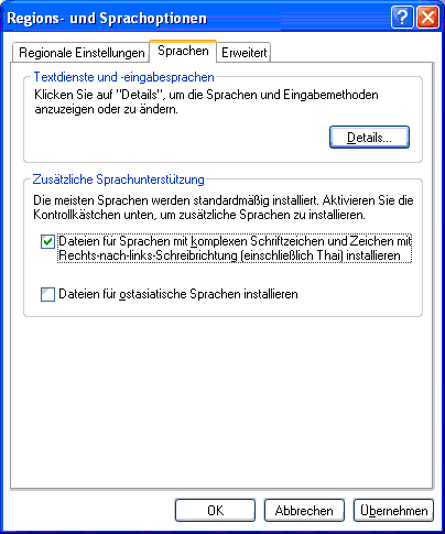 Language options in the Control Panel (Windows)