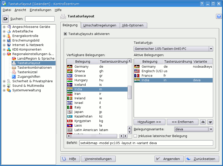 Keyboard settings in the KDE Control Center (Linux)